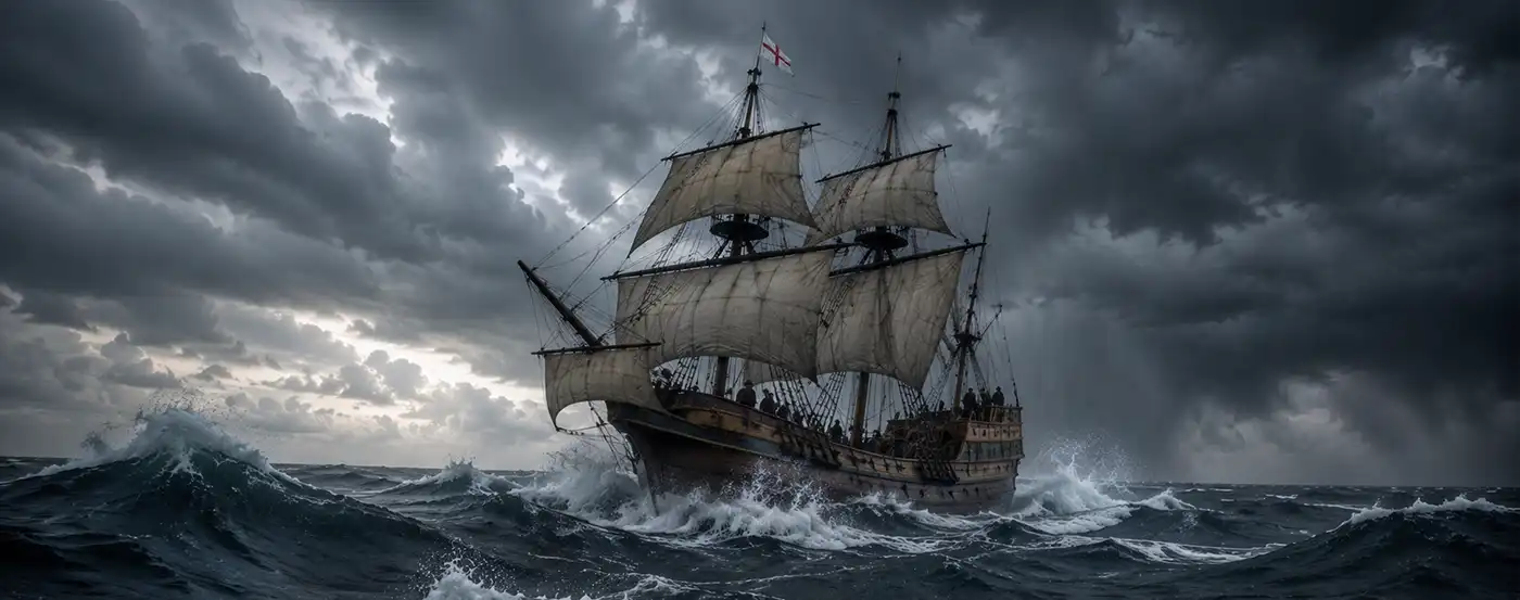 The Mayflower in Heavy Seas The Mayflower battles towering waves and stormy seas during its difficult 1620 voyage across the North Atlantic.