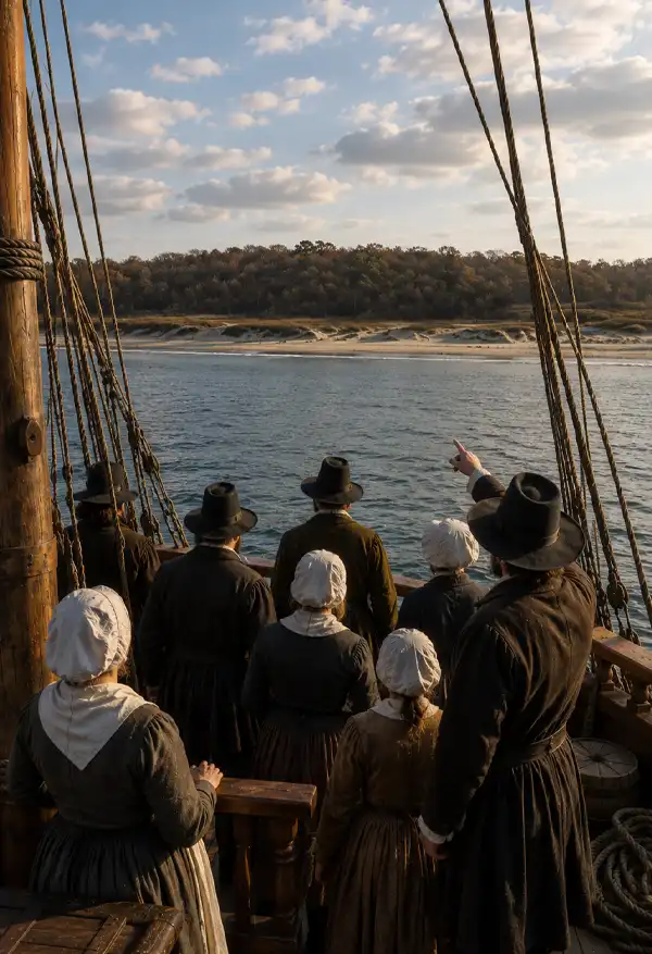 Mayflower passengers excited to see the end of their journey. Mayflower passengers gather on deck and look across Cape Cod Bay toward the land where Plymouth Colony will soon be established.