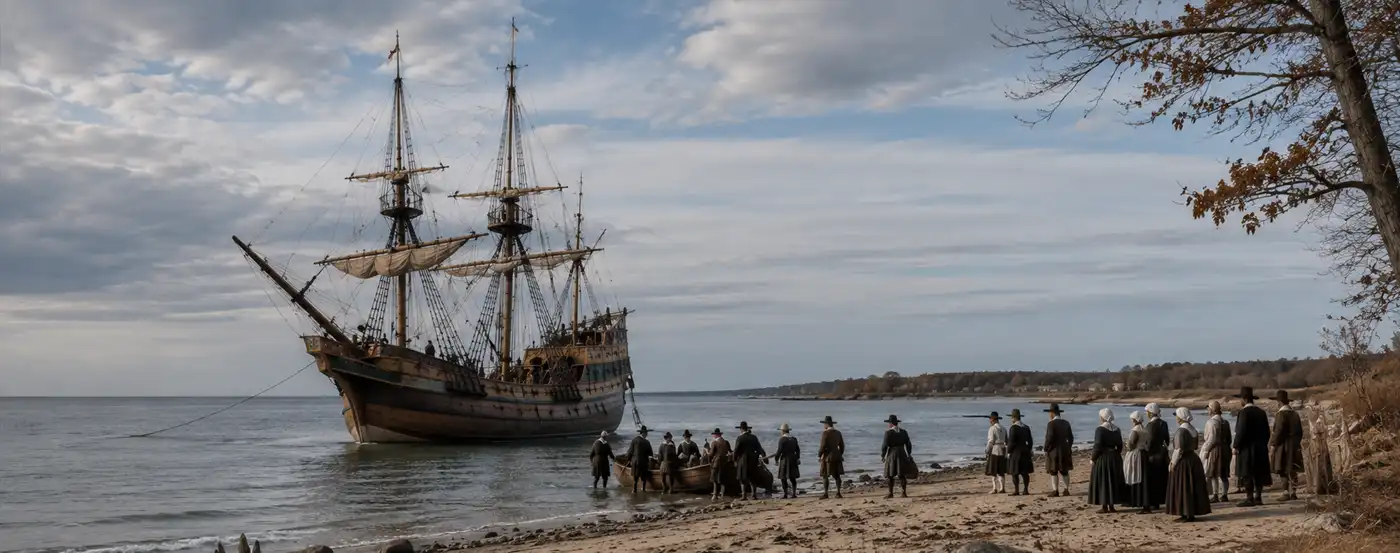 The long awaited arrival. Mayflower passengers come ashore by small boat while the ship lies at anchor off the coast of Plymouth in 1620.