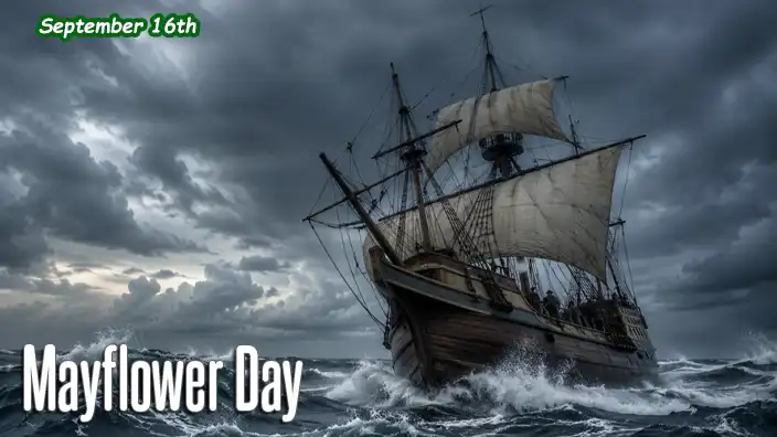 The Mayflower sails through towering waves and stormy weather during its dangerous voyage across the Atlantic Ocean.