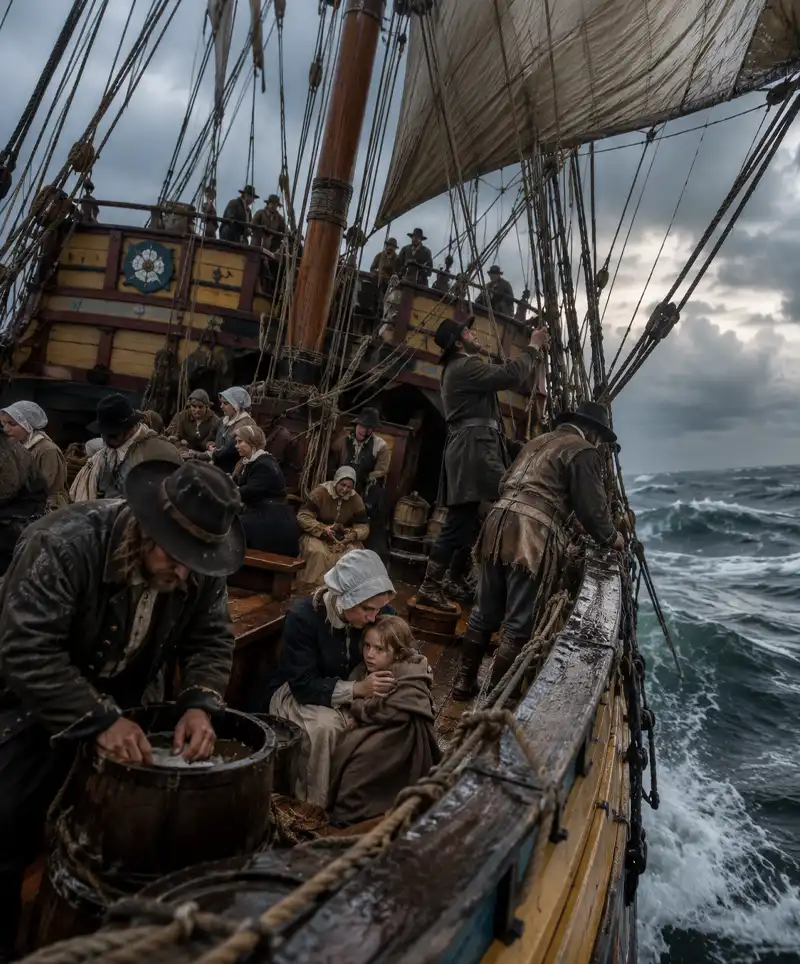 Passengers and sailors aboard the Mayflower endure rough Atlantic seas as the crew works the rigging and families shelter together on the crowded deck.