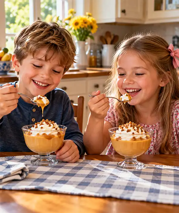 Two smiling children enjoying bowls of creamy butterscotch pudding topped with whipped cream and crunchy toffee pieces at a sunny kitchen table.