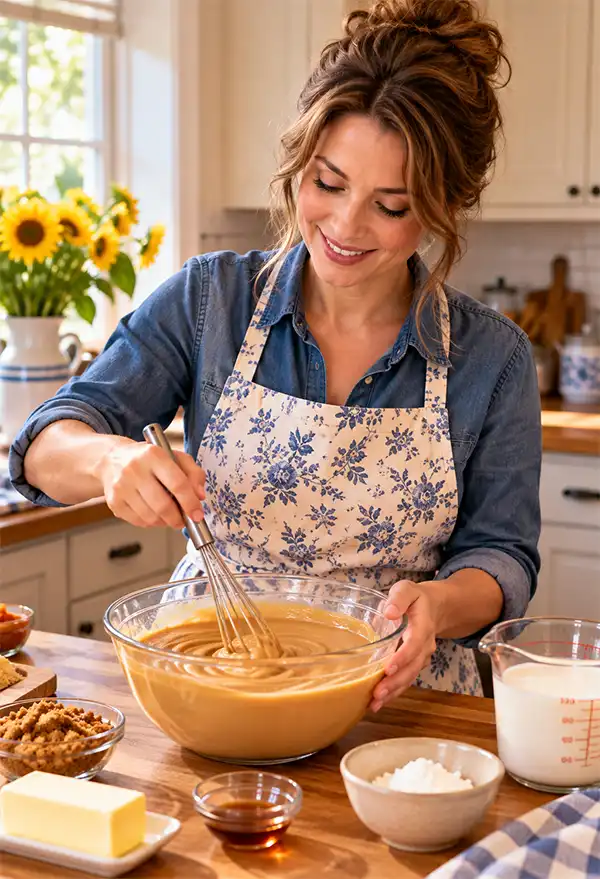 Smiling mother wearing a floral apron whisking homemade butterscotch pudding in a glass mixing bowl, surrounded by brown sugar, butter, milk, and vanilla in a warm, sunlit kitchen.