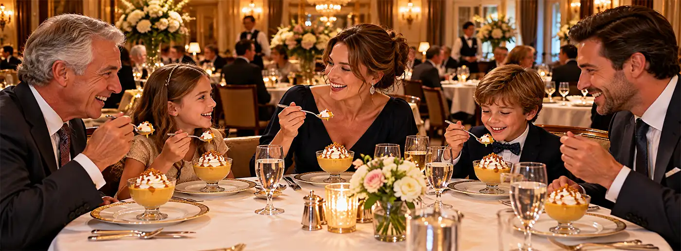 Happy family of five, including two children, enjoying creamy butterscotch pudding topped with whipped cream and caramel at an elegantly decorated restaurant table, surrounded by warm lighting and beautiful floral arrangements.