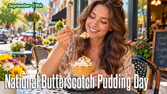 Smiling woman enjoying creamy butterscotch pudding topped with whipped cream and nuts at a sidewalk café on a beautiful, sunny day in America.