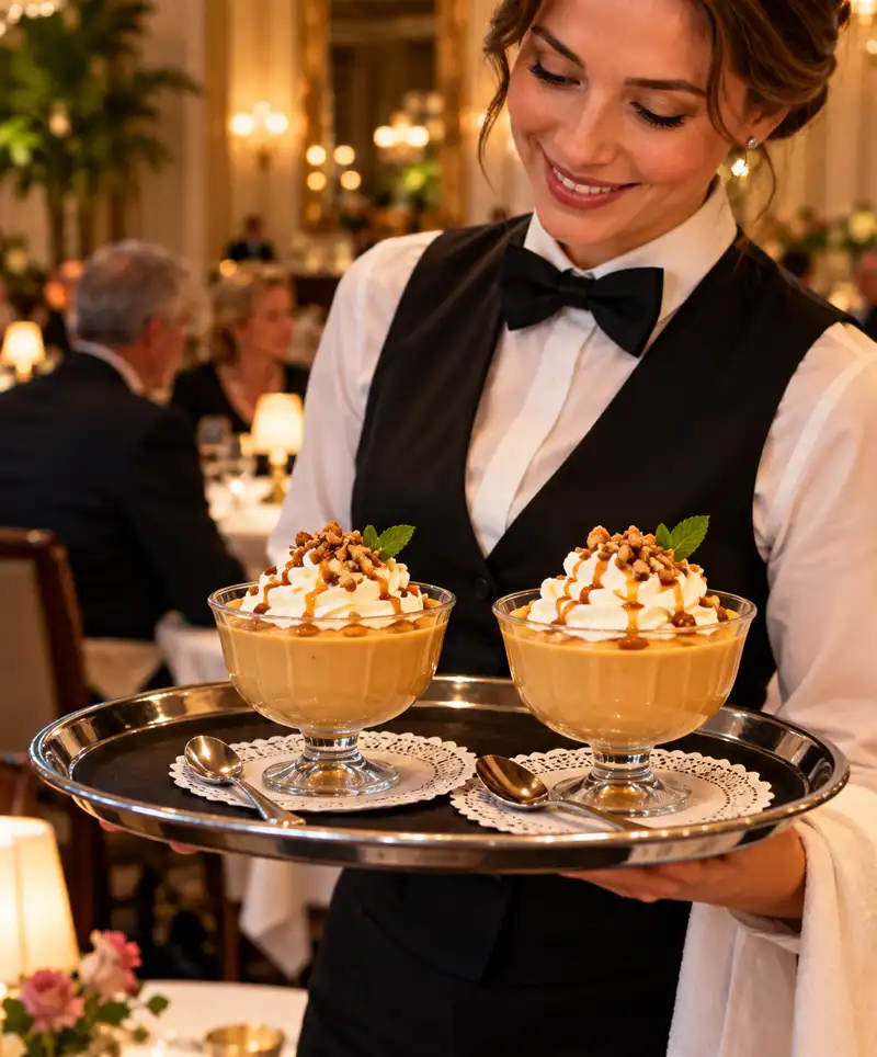 Smiling waitress carrying two elegant glass bowls of creamy butterscotch pudding topped with whipped cream, caramel drizzle, and chopped nuts on a silver serving tray in a warmly lit fine-dining restaurant.