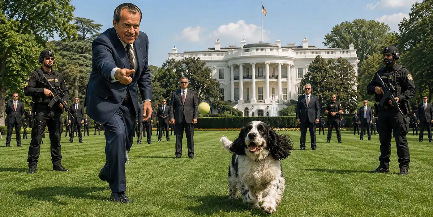 Richard Nixon throws a tennis ball for Checkers, his black-and-white cocker spaniel, on the White House lawn on a sunny day. The playful dog races across the grass while an unusually large security detail of suited agents and armed tactical officers maintains a protective perimeter, creating a humorous contrast between a simple game of fetch and presidential-level security.