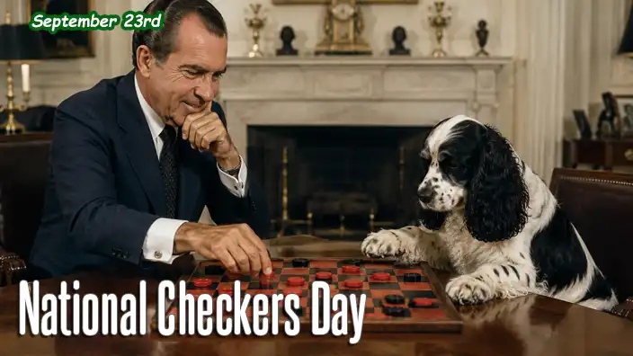 Richard Nixon sits at a polished table in a formal White House-style room, concentrating on a game of checkers against Checkers, his black-and-white cocker spaniel. The dog appears surprisingly focused on the board, with one paw resting near the pieces, creating a humorous scene that suggests the famous presidential pet may be a formidable opponent.