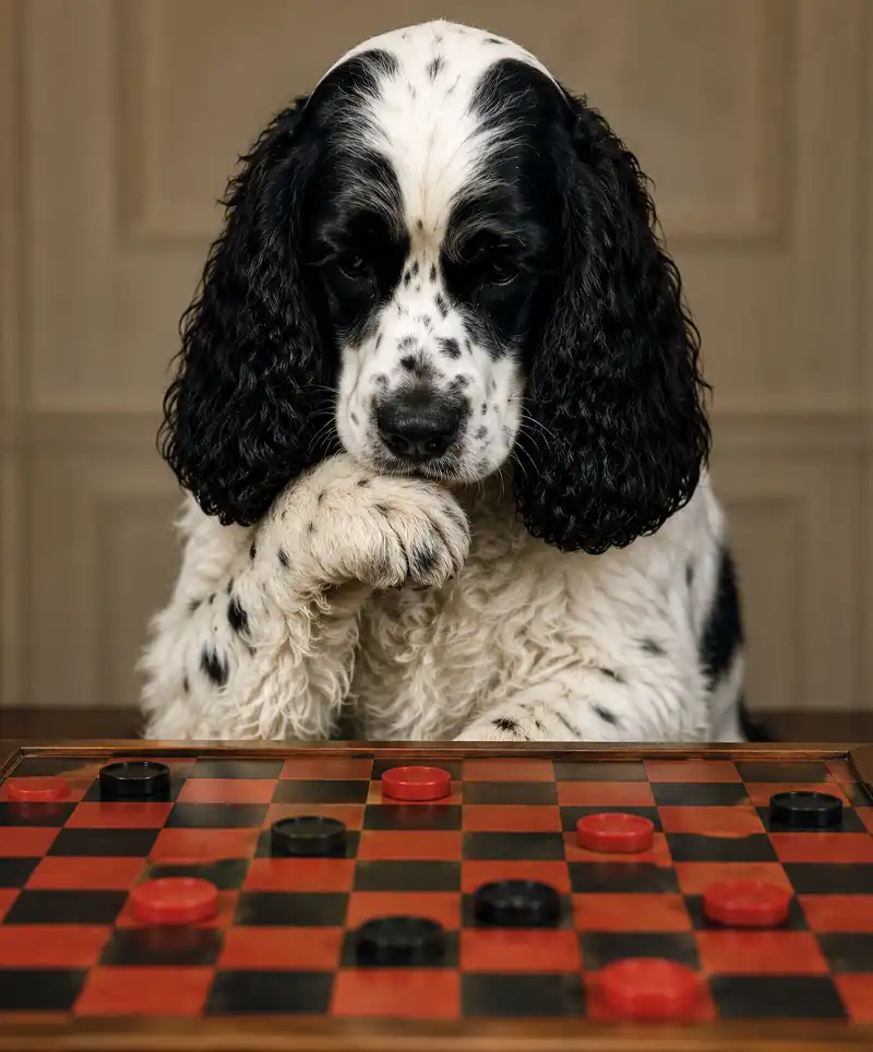 Checkers, the famous black-and-white cocker spaniel, sits behind a checkerboard with a thoughtful expression and one paw raised as if contemplating his next move. The humorous scene makes it appear that the presidential pup is carefully planning a championship-winning strategy.