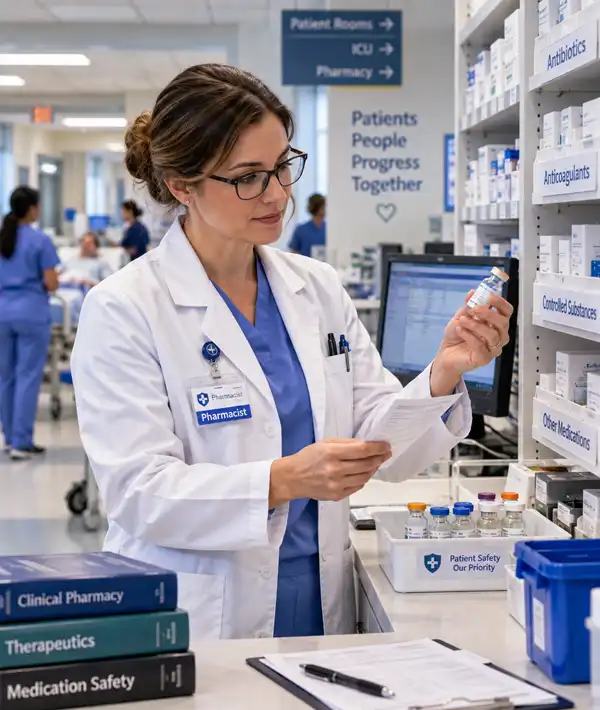 The Pharmacist in a Hospital. A hospital pharmacist carefully checks a medication vial against a prescription in a clinical pharmacy, with organized medicine shelves, medical equipment, and hospital staff in the background.