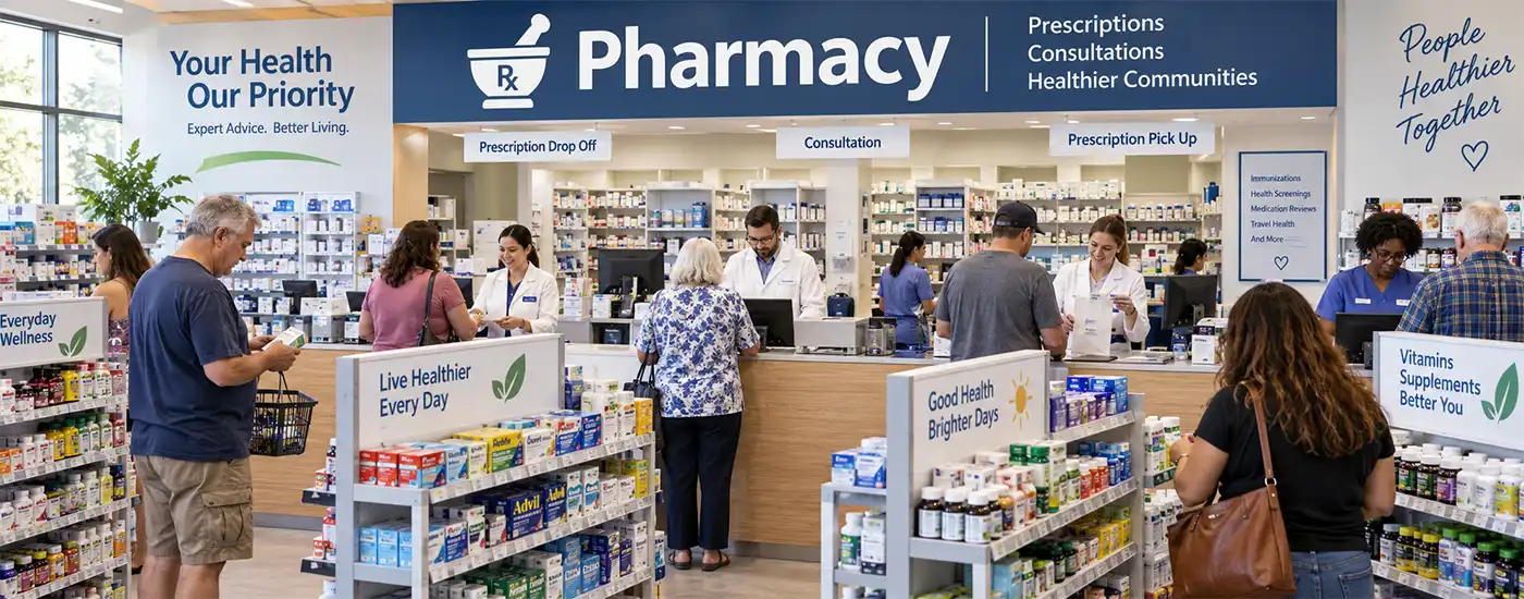 A Busy Pharmacy A busy modern pharmacy with customers browsing health products and collecting prescriptions, while pharmacists and pharmacy technicians assist people behind the counter.