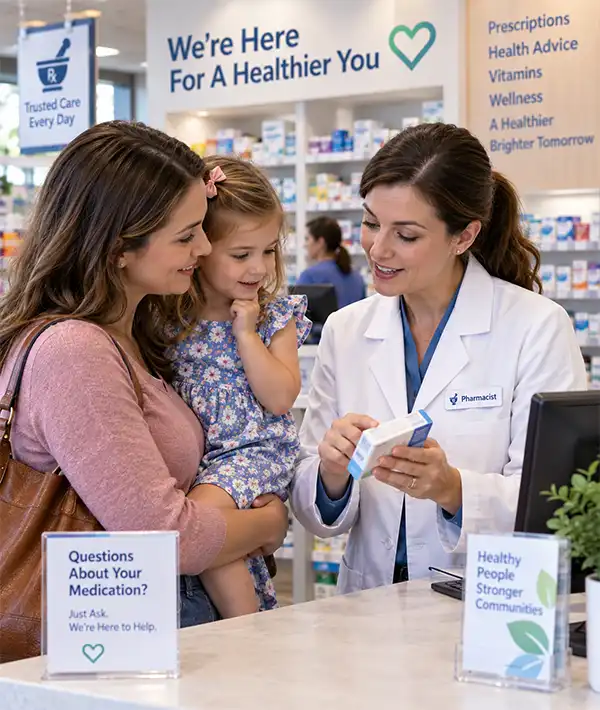 Consultation A mother holds her curious young daughter while a friendly pharmacist explains a medication at the pharmacy counter, with shelves of medicines and health information in the background.