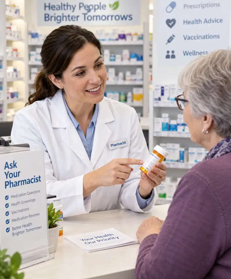 A friendly pharmacist explains a prescription medication to an older woman during a consultation at a bright, modern pharmacy, with shelves of medicines and health information in the background.