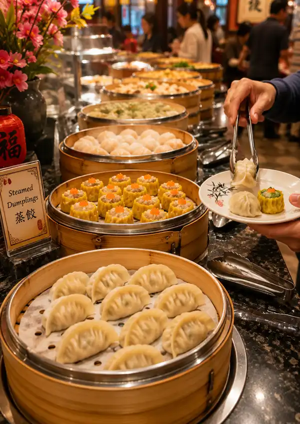 Dumplings Are Popular on a Chinese Buffet Freshly prepared dumplings are served from a bustling Chinese restaurant buffet, where steaming bamboo baskets showcase a variety of delicious traditional dumplings.