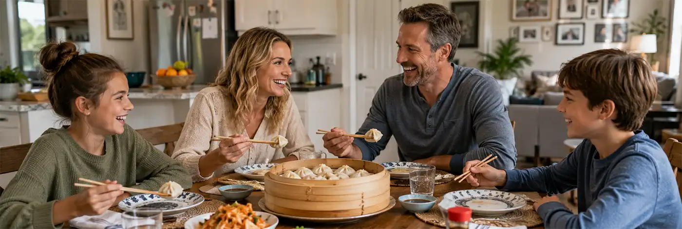 A Family Enjoying Homemade Steamed Dumplings An American family enjoys steamed dumplings together around the kitchen table, sharing laughter, conversation, and a homemade meal in a warm and welcoming home.