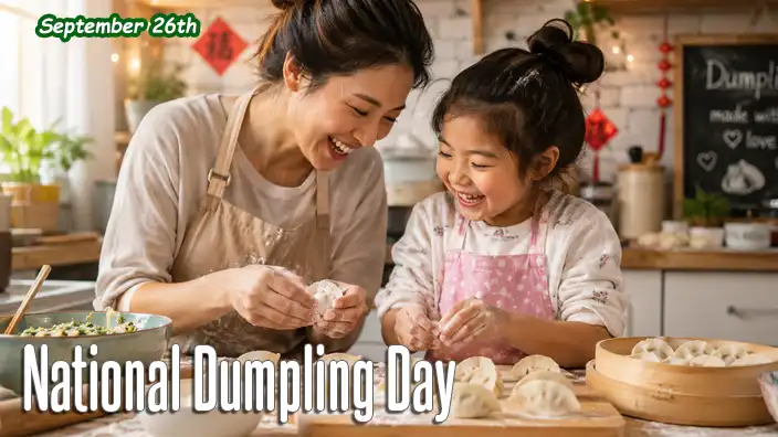 A smiling mother teaches her young daughter how to make homemade dumplings in a bright kitchen as they laugh together while folding dough and preparing a family meal.
