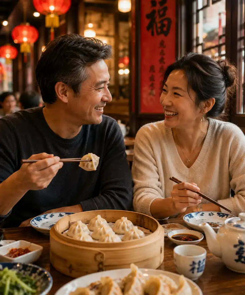 A smiling husband and wife enjoy steamed dumplings and warm conversation at a traditional Chinese restaurant, sharing a relaxing meal in a welcoming atmosphere.