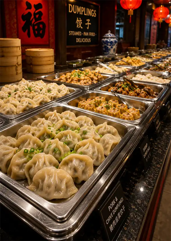 Dumplings Served on a Buffet A Chinese restaurant buffet featuring a wide selection of freshly steamed dumplings served in traditional bamboo baskets, with guests selecting their favorites.
