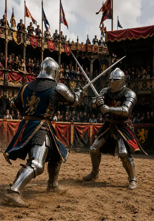 Fighting for Honor Two armored medieval knights battling with swords during a tournament as spectators watch from colorful grandstands surrounding the arena.