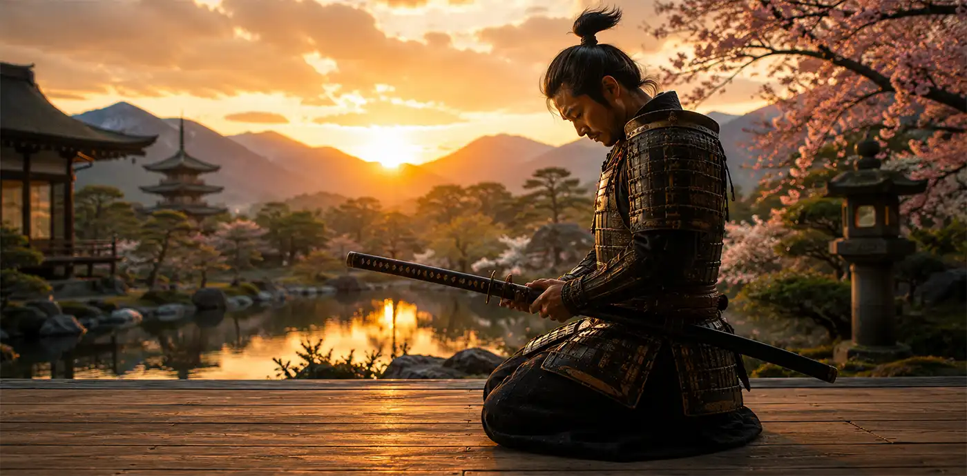 Samurai at Rest Samurai warrior kneeling in quiet reflection while honoring his katana beside a peaceful Japanese garden at sunset with cherry blossoms and mountains in the background.