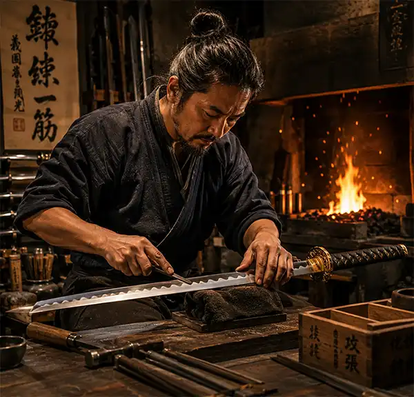 Creation Master swordsmith carefully crafting and polishing an ornate katana inside a traditional forge with glowing fire and metalworking tools in the background.