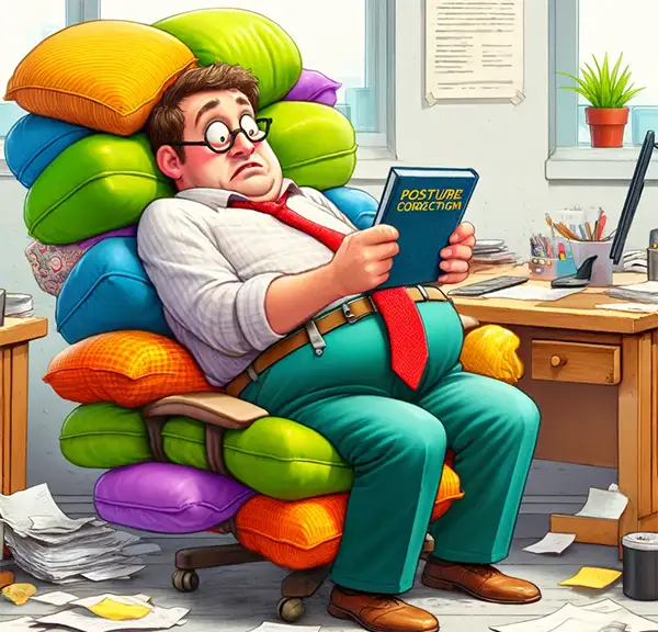 An illustration of a middle-aged office worker trying to correct his posture in a rather amusing setup.