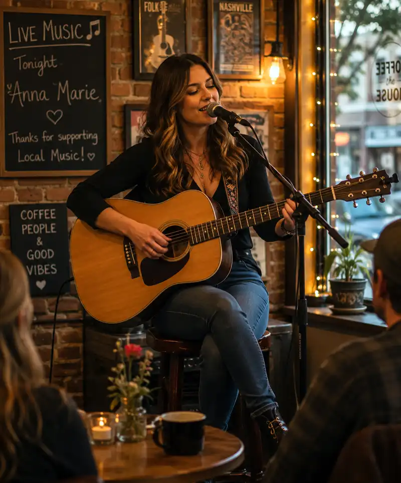 A professional female singer-guitarist performs on stage in a cozy American café, entertaining patrons with live acoustic music amid warm lighting, exposed brick walls, and an intimate coffeehouse atmosphere.
