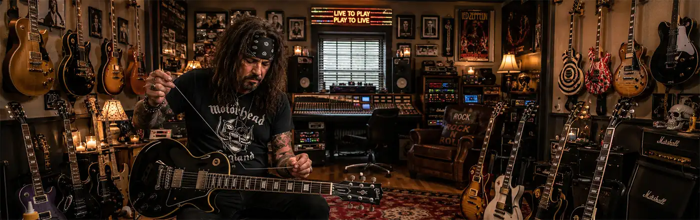 A rock musician sits in his home recording studio restringing an electric guitar, surrounded by a collection of guitars hanging on the walls and resting on stands, with amplifiers, mixers, and recording equipment filling the warmly lit room.