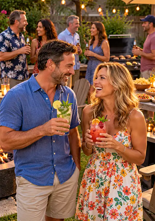 Smiling couple enjoying colorful alcohol-free mocktails at a backyard party while friends drink beer near the barbecue, celebrating healthier choices during National Alcohol Awareness Month.