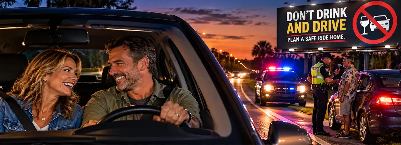 Smiling couple driving home safely after choosing alcohol-free drinks at a party, passing a roadside police breathalyzer test beneath a “Don’t Drink and Drive” billboard during National Alcohol Awareness Month.