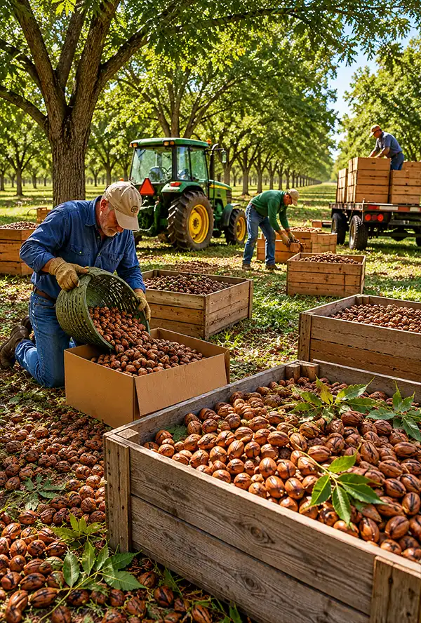 Pecan harvest underway in a sunlit orchard as workers fill crates and boxes with freshly gathered pecans before shipment to a processing facility.