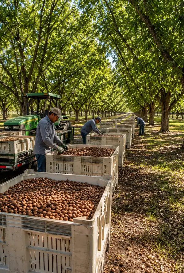 Workers in a pecan grove sort and pack freshly harvested pecans into wooden boxes for transport, with rows of mature pecan trees stretching across the orchard behind them.
