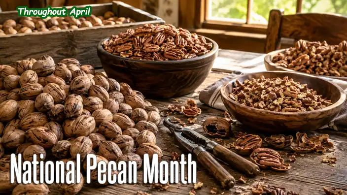 Fresh pecans being shelled on a wooden farmhouse table with traditional nutcrackers, cracked shells, and overflowing bowls of pecan pieces creating a classic Southern kitchen scene.
