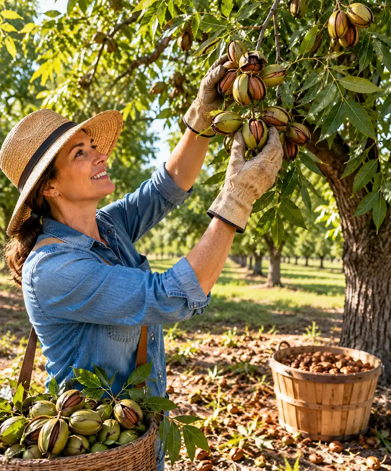 Person harvesting pecans from a mature pecan tree in a sunlit pecan grove, gathering freshly picked nuts into a basket during harvest season.