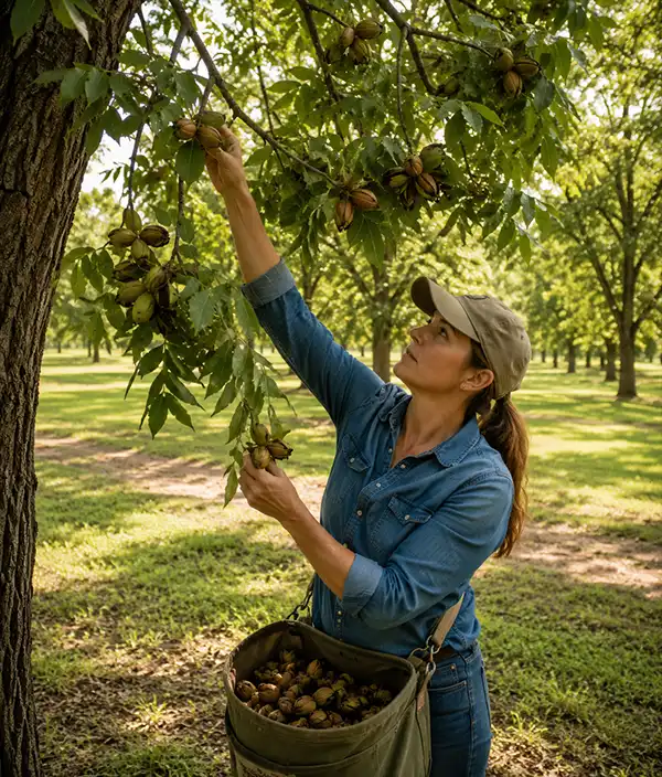 Woman reaches into the branches of a pecan tree to pick ripe pecans in a well-maintained orchard, surrounded by rows of trees on a warm afternoon.