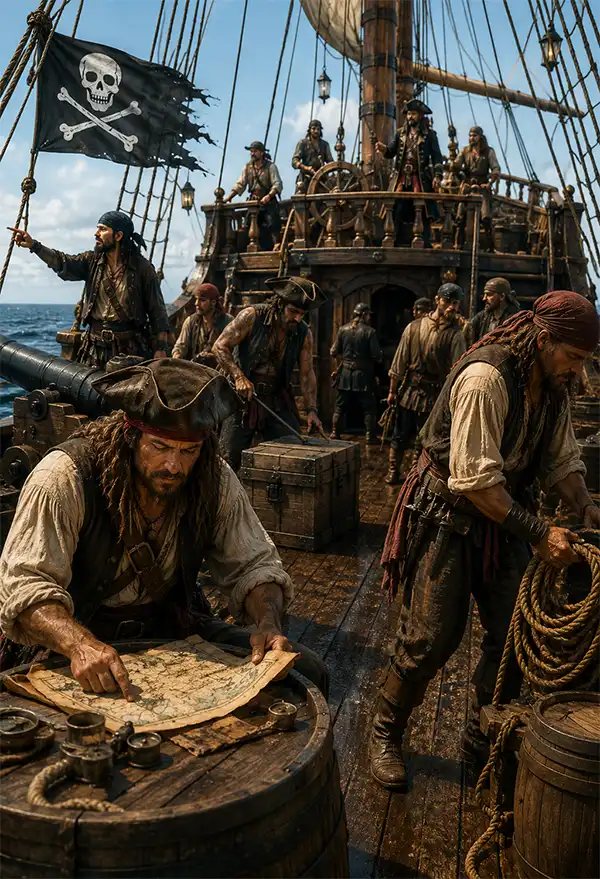A busy pirate ship deck where crew members haul ropes, study navigation charts, steer the ship, and carry out their daily duties as the Jolly Roger flies overhead on the open sea.