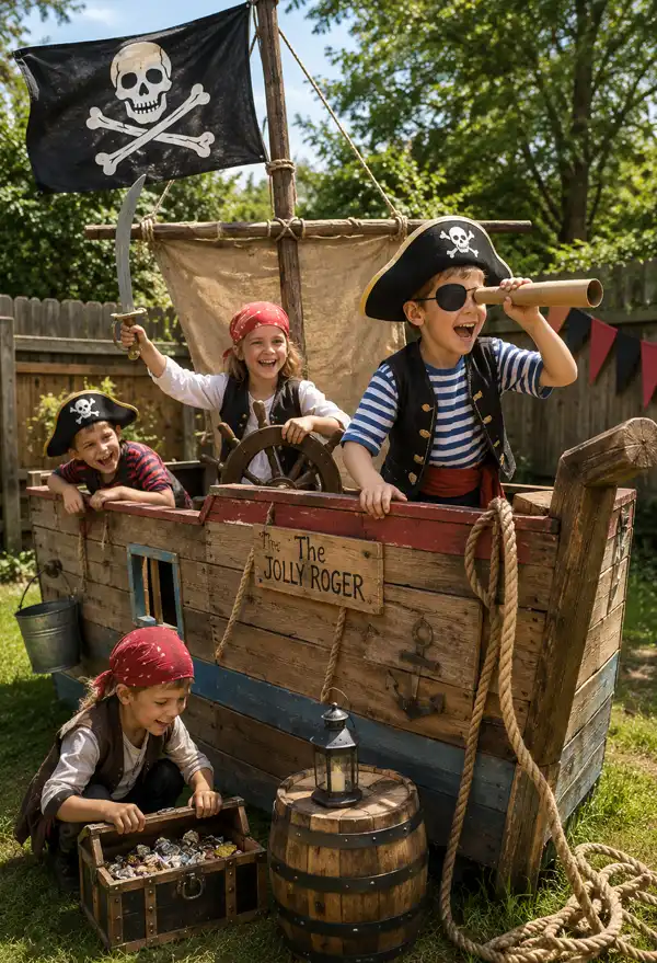 Children dressed as pirates laugh and play aboard a homemade wooden pirate ship in their backyard, using toy swords, a spyglass, and a treasure chest as they embark on an imaginative high-seas adventure.
