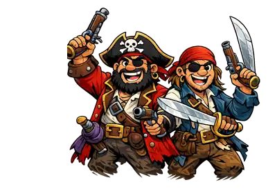 Two cheerful cartoon pirates stand side by side, grinning as they brandish cutlasses and old-fashioned flintlock pistols, dressed in colorful pirate clothing with a transparent background.