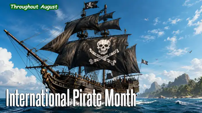 A pirate ship with black sails flies the Jolly Roger as it sails across the open sea beneath a bright blue sky, with a tropical island visible in the distance.