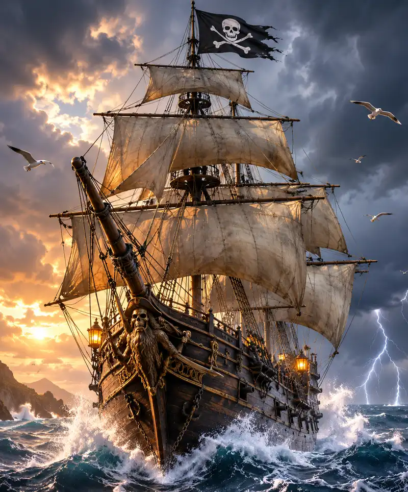 A towering pirate ship sails directly toward the viewer through towering waves and stormy seas, its weathered sails billowing as the Jolly Roger flies proudly from the highest mast beneath a sky split by lightning and golden sunlight.
