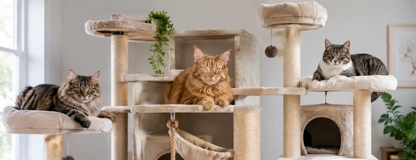 Three healthy cats of different breeds relaxing together on a large multi-level cat tree in a bright and comfortable living room.