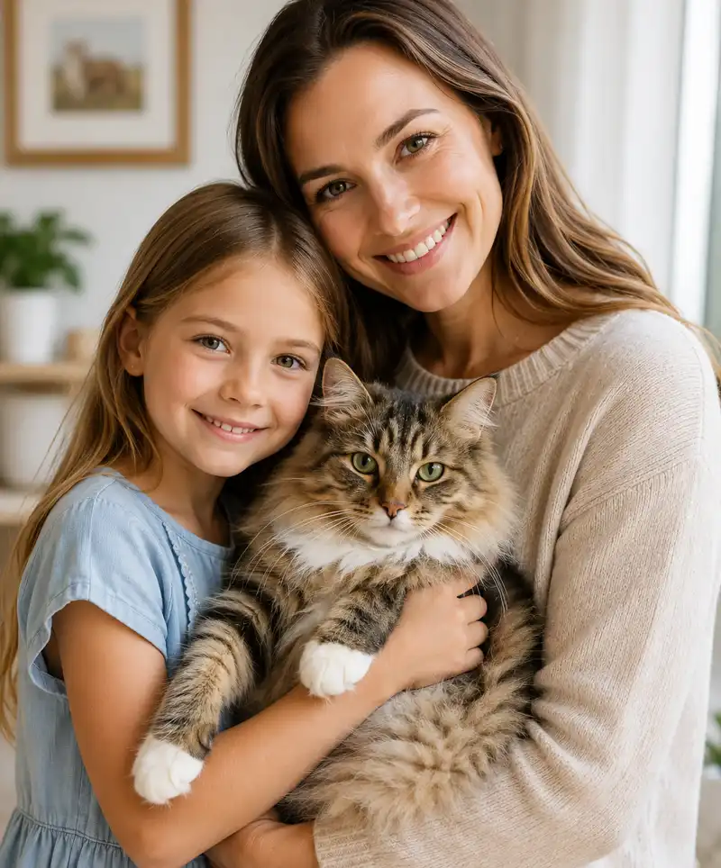 Mother and daughter smiling together while holding a large fluffy house cat in a bright and cozy home setting.