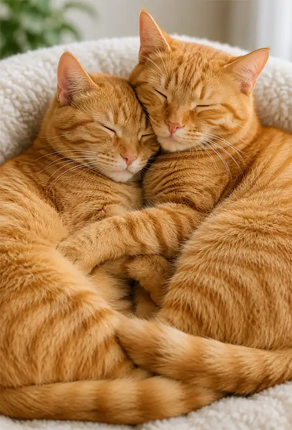 Two healthy ginger cats cuddled together on a soft blanket, peacefully sleeping side by side in a warm and cozy home setting.