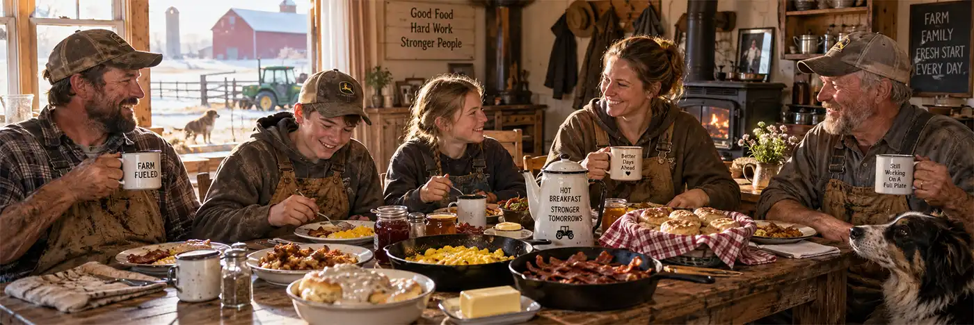 A hardworking farm family enjoys a hearty hot breakfast of eggs, bacon, biscuits, and coffee together after completing their early-morning chores.