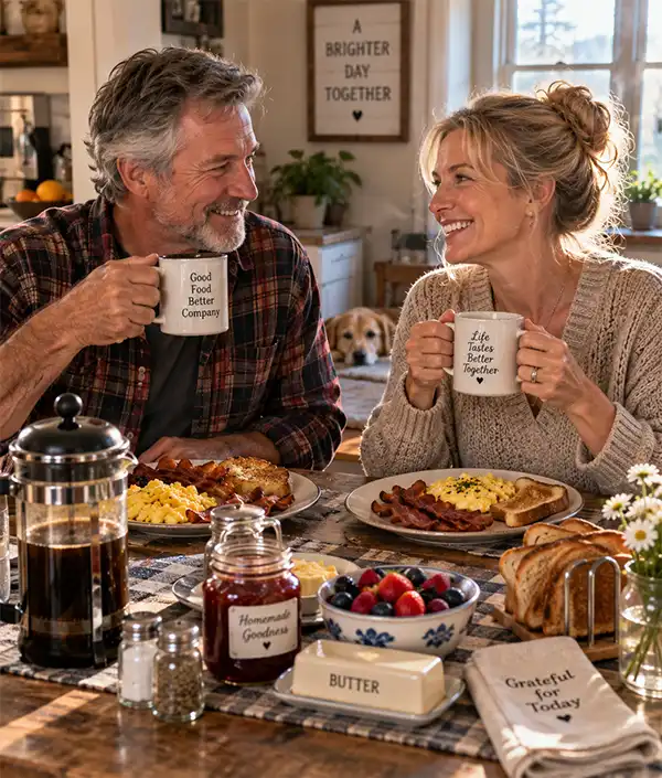 A smiling husband and wife enjoy a hot breakfast of scrambled eggs, bacon, toast, fruit, and coffee together in their cozy kitchen.