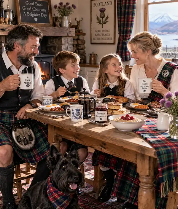 A cheerful Scottish family dressed in traditional tartan kilts enjoys a hearty hot breakfast together in a cozy Highland cottage.