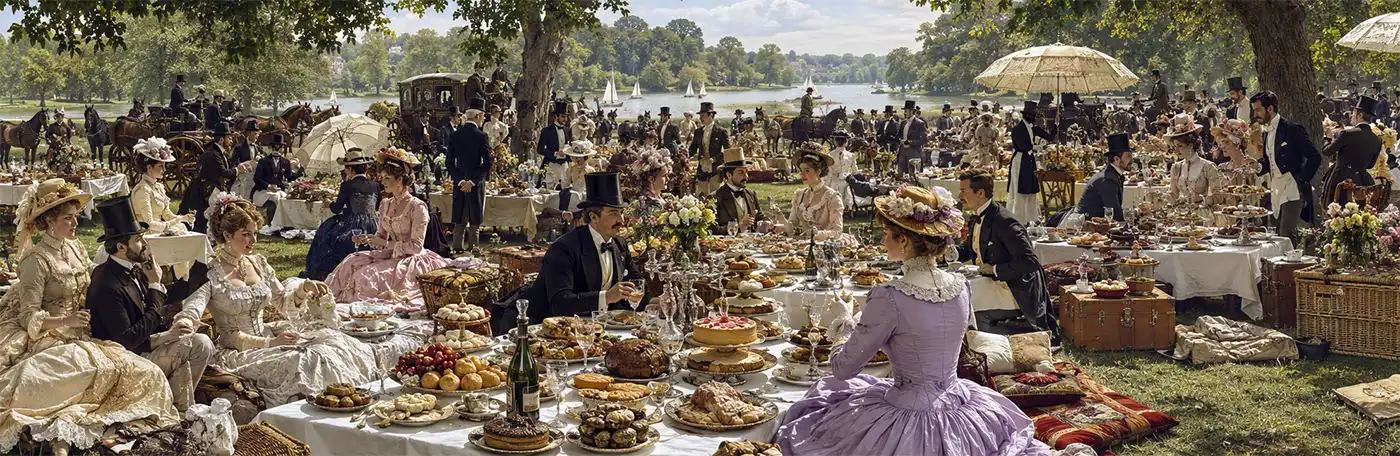 An elaborate Victorian-era picnic features elegantly dressed ladies and gentlemen enjoying a lavish outdoor feast with servants, fine china, overflowing tables of food, horse-drawn carriages, and a picturesque countryside setting.