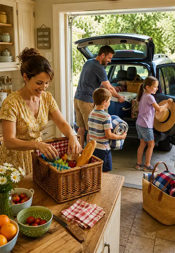 A mother packs a picnic basket in the kitchen while Dad and the children load blankets, a cooler, and picnic supplies into the family car, preparing for a fun summer outing.