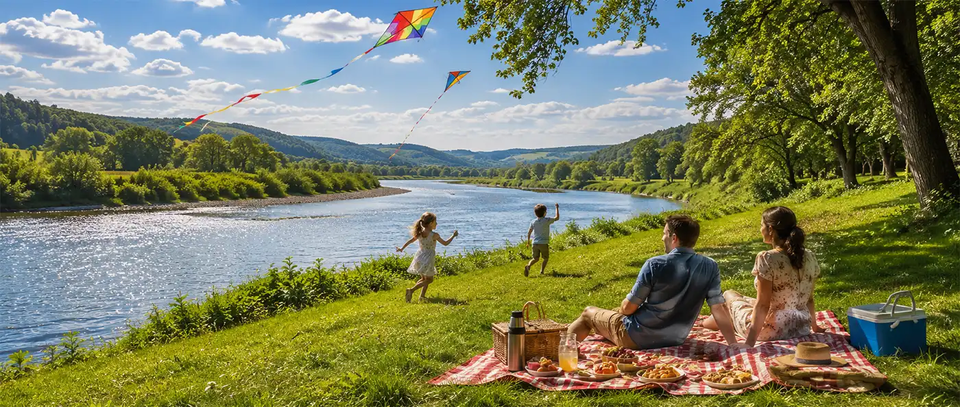 A family enjoys a peaceful picnic beside a scenic bend in a river while the children fly colorful kites, and Mother and Father relax on a blanket surrounded by delicious picnic food on a sunny summer day.