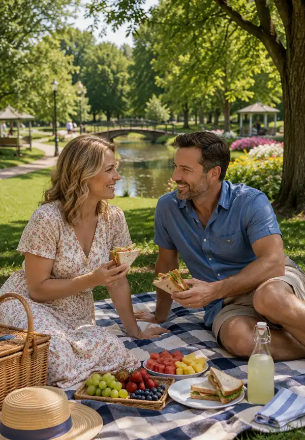 A couple enjoys a relaxing picnic in their local park, sharing fresh sandwiches and fruit on a comfortable blanket beneath shady trees on a beautiful summer afternoon.
